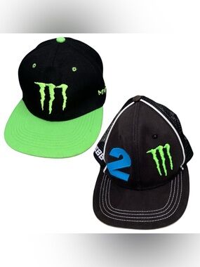 Monster Energy Hat Lot Of 2 Snapback Embroidered Logo Snapback Green Mesh Webb